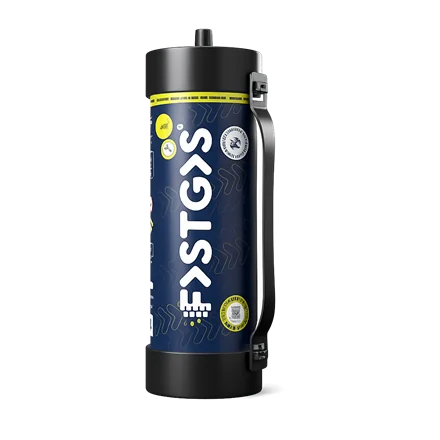 Fastgas 2KG wegwerp lachgas tank, navy met gele band en zwarte dop